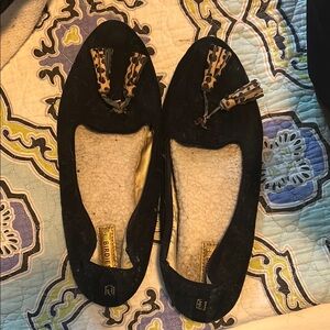 Women's Black Suede Birdies Slippers with Leopard Tassels